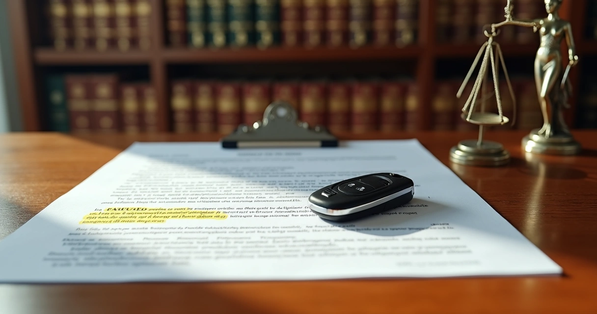 Contrato de financiamento e chave de carro diante de símbolo de Justiça 