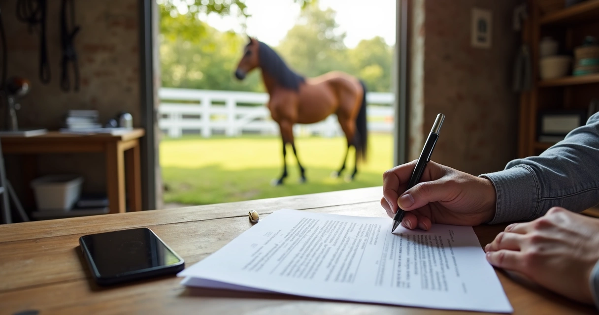 Criador assinando contrato de venda de cavalo ao lado de égua marrom em haras organizado 