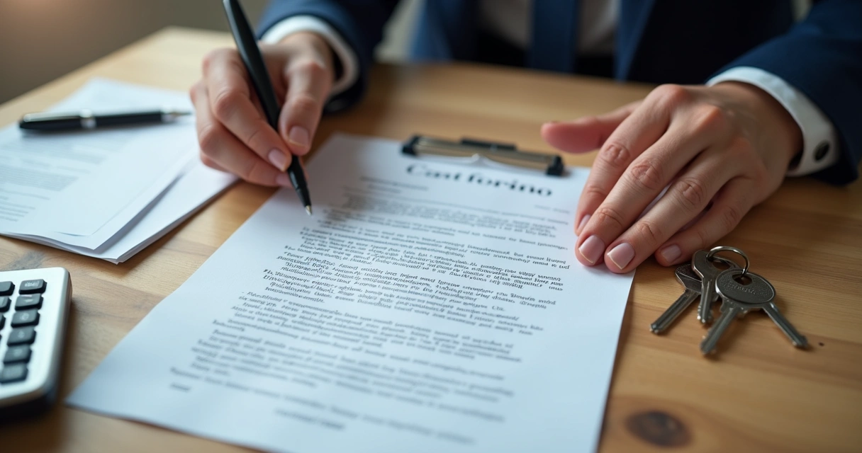 Mãos segurando um contrato de venda de imóvel em uma mesa com documentos e calculadora 