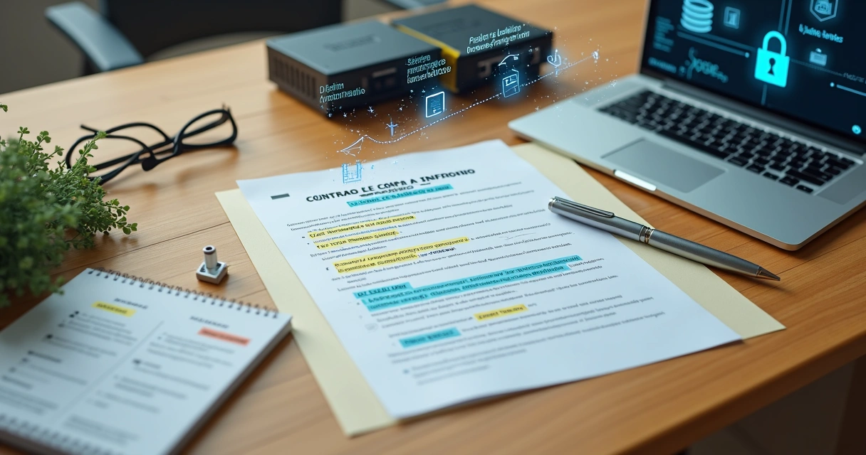 Mesa com contrato marcado e elementos de tecnologia simbolizando venda de provedor de internet seguro 