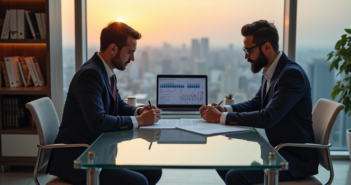 Assinatura de contrato com advisor em escritório moderno