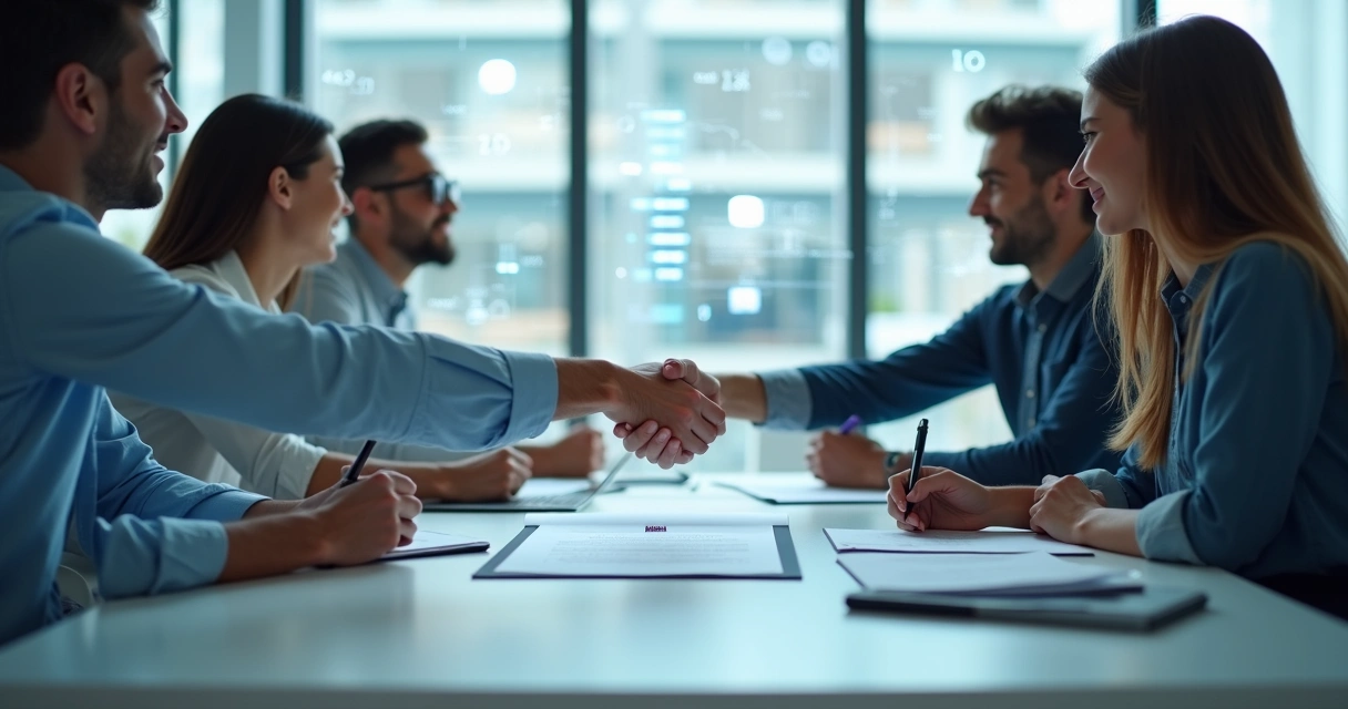 Profissionais de startup reunidos assinando contrato