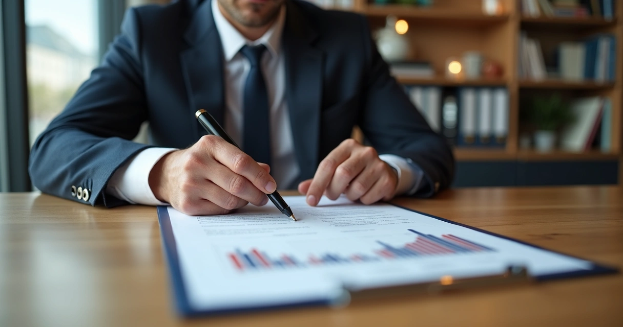Homem revisando contrato em mesa de escritório com gráficos de participação 