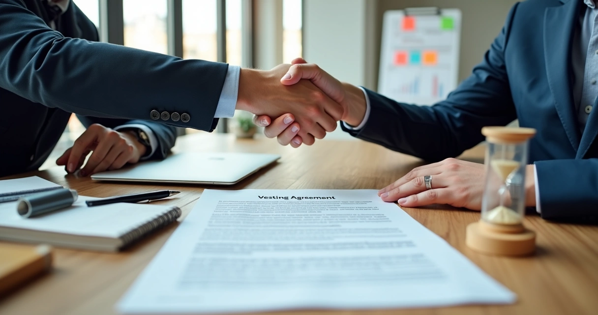 Dois sócios apertando as mãos sobre contrato de vesting assinado 