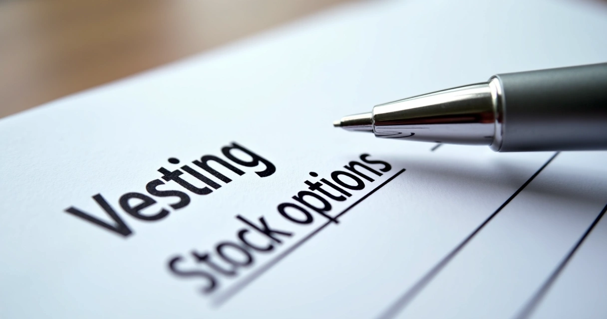 Contrato de vesting e stock options sob luz, caneta próxima, detalhes da assinatura à vista 