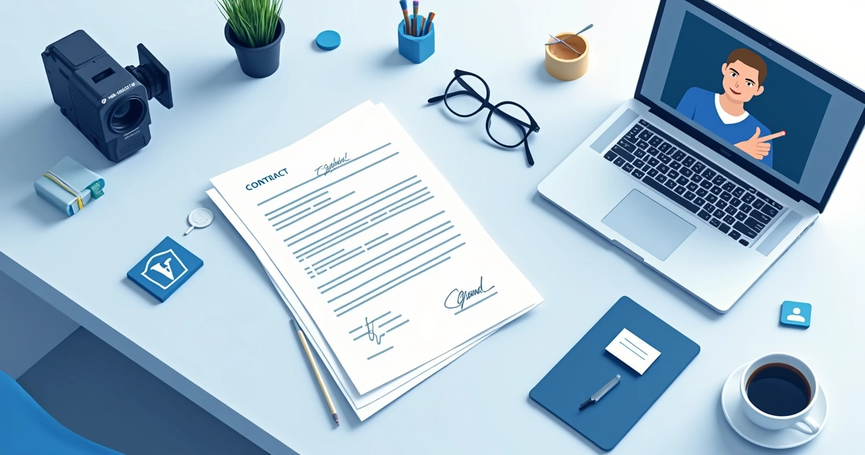 Ilustração de contrato, câmera e ícones de direitos autorais 