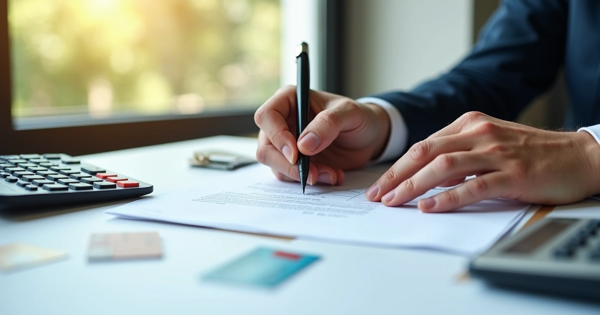 Manos firmando contrato con documentos bancarios 
