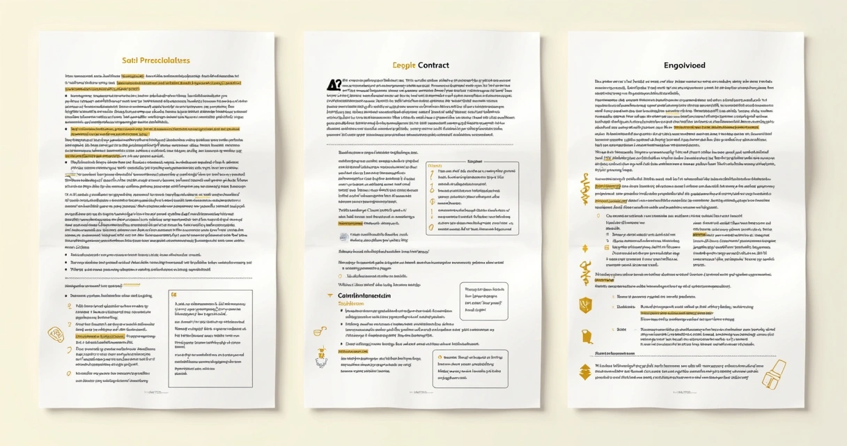 Página de contrato com visual law, ícones e textos coloridos 