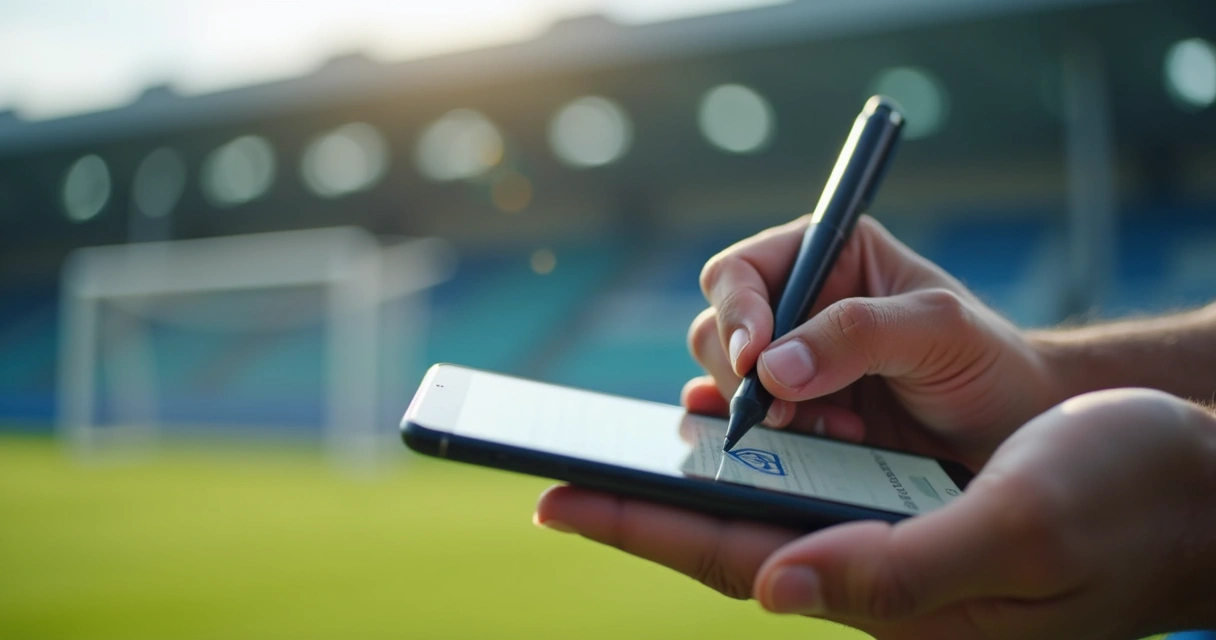 Assinatura de contrato digital em tela de celular para escola de futebol