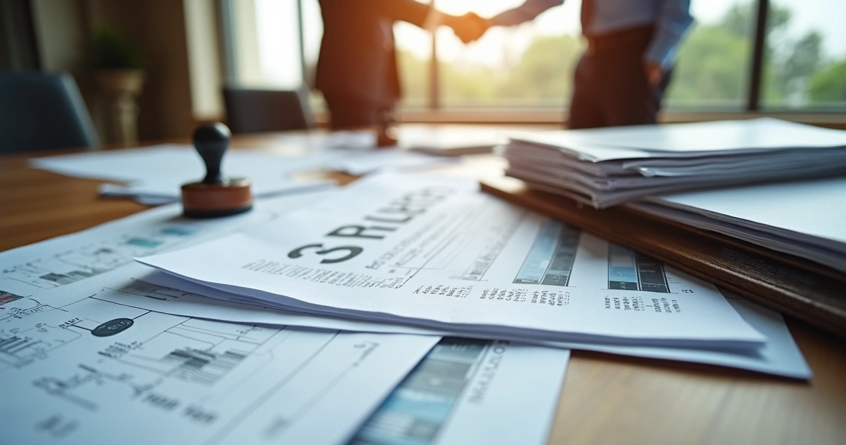 Mesa com contratos de venda de imóveis, documentos de CRI e carimbo de aprovação