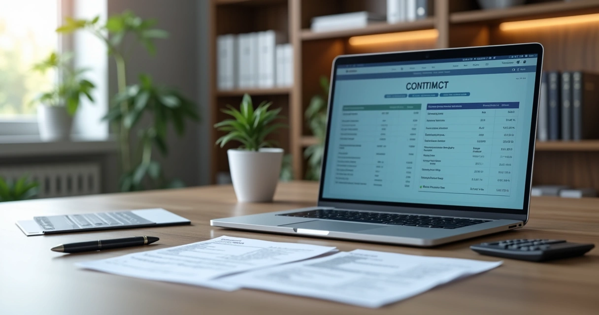 Mesa moderna com laptop aberto mostrando contrato digital, caneta e documentos fiscais ao lado 