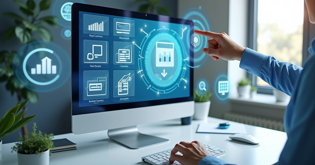 Documentos de contratos digitais sendo revisados em um monitor com gráficos