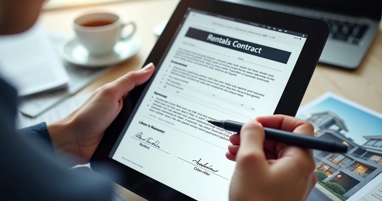 Contrato digital de locação sendo assinado eletronicamente na tela de um tablet