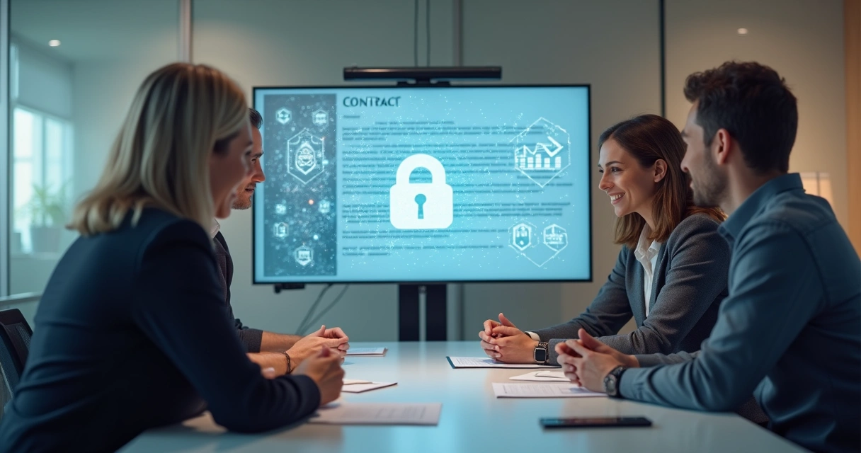 Contraktor | Cláusula LGPD: como incluir nos contratos da sua empresa Reunião empresarial analisando contrato digital com destaque para segurança de dados