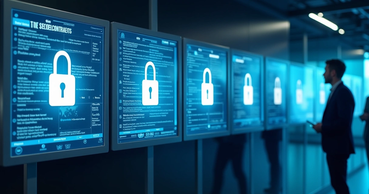 Painéis digitais com contratos e cadeados indicando segurança 