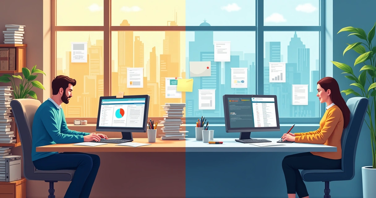 Comparação visual entre gestão de contratos manual e digital 