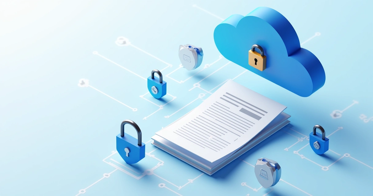 Contratos digitais armazenados em nuvem com ícones de segurança 