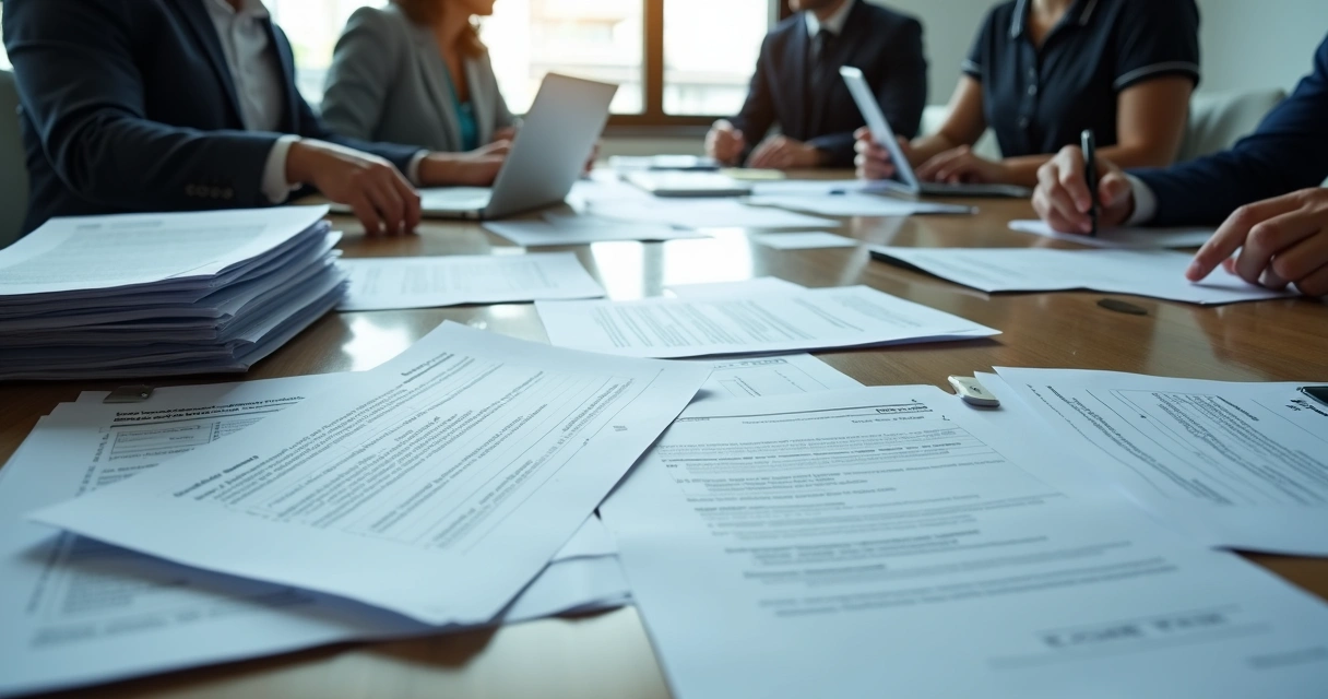 Mesa de escritório com pilhas de contratos empresariais e planilhas 