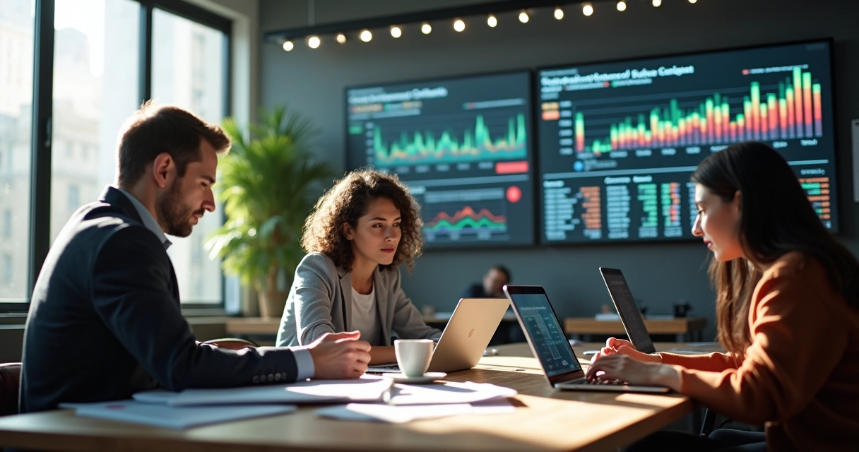 Sala de coworking com pessoas negociando contratos digitais em múltiplas telas 