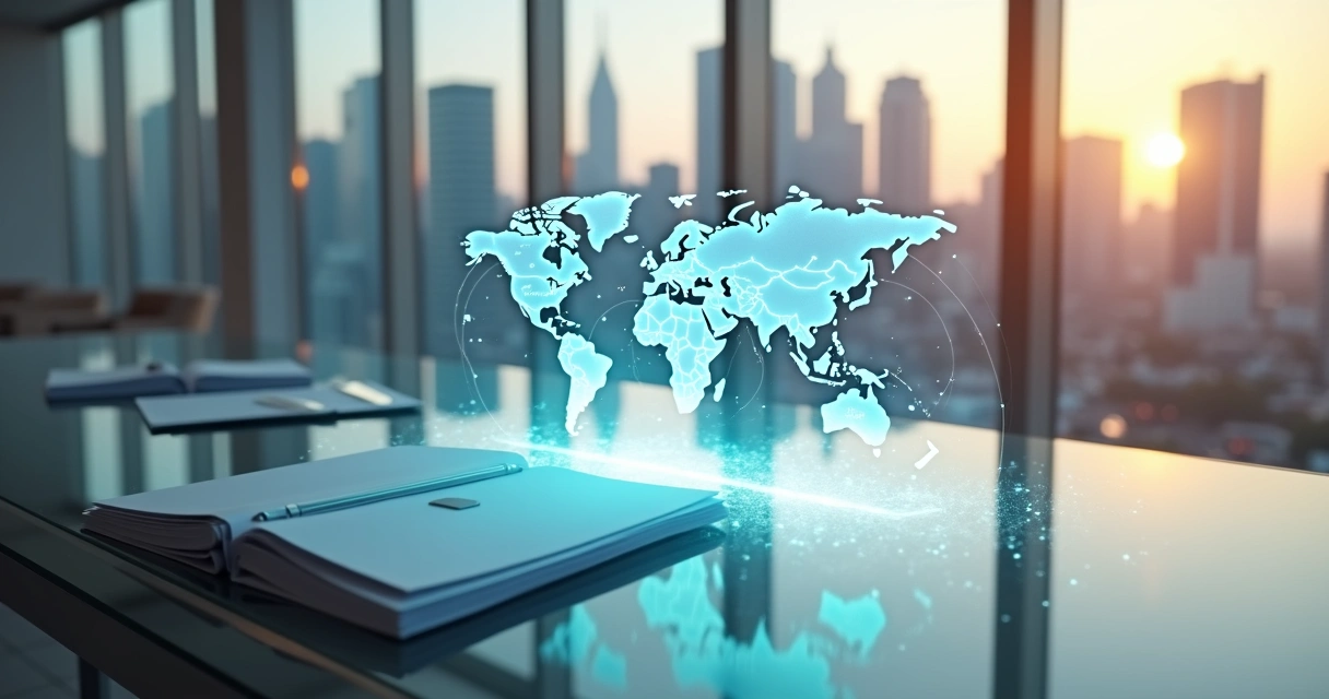 Mesa com contratos destacados conectando uma startup a diversos países no mapa mundi 