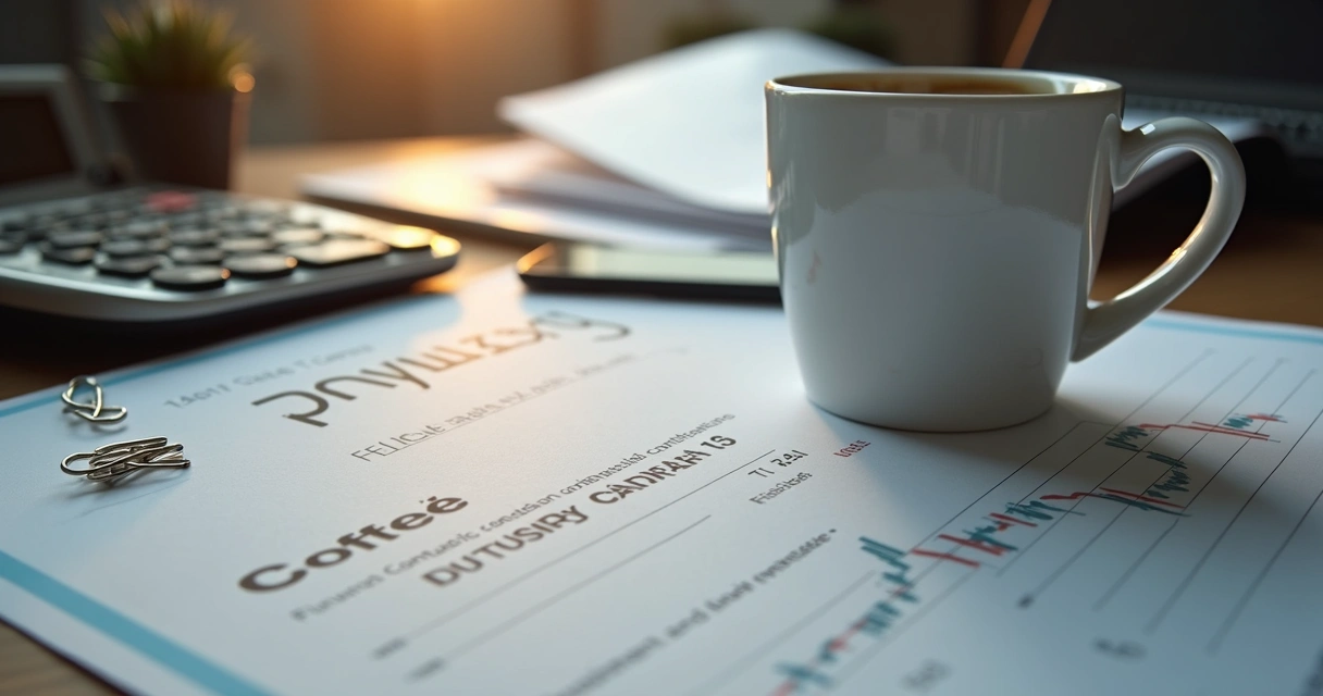 Mesa de escritório com contratos de café, calculadora e xícara de café