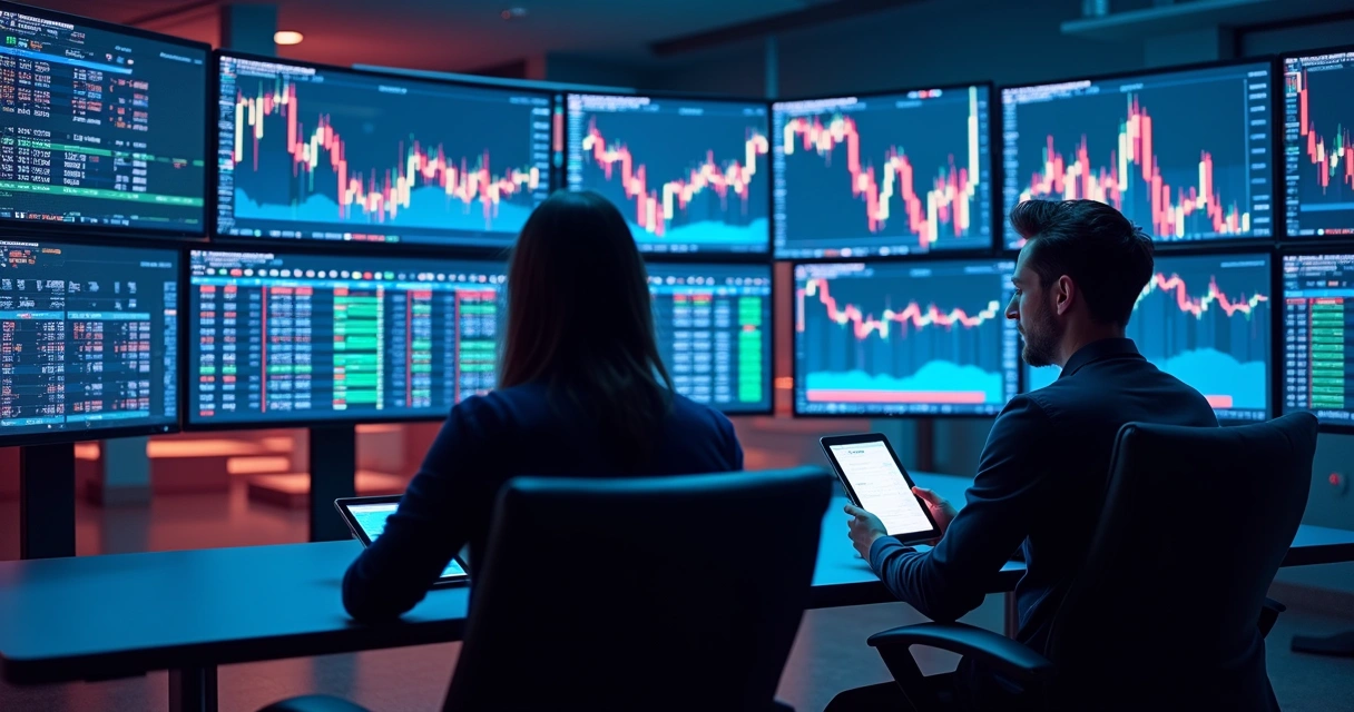 Tela de computador mostrando gráficos digitais de criptomoedas em tempo real