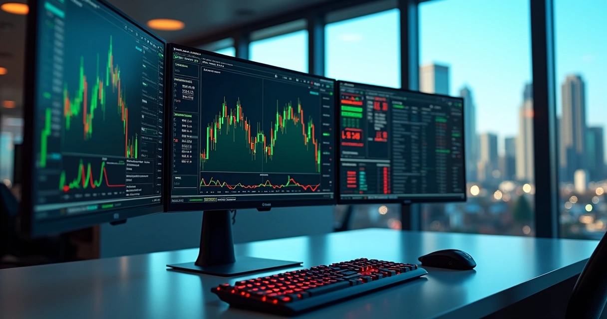 Mesa de negociação digital com gráficos de contratos futuros e opções para commodities em tela de computador 