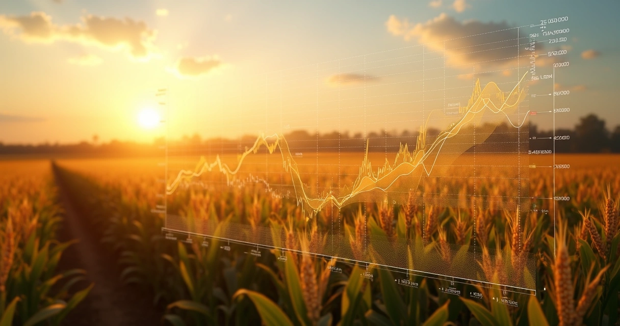 Campo de milho ao entardecer com gráficos de contratos futuros sobrepostos 
