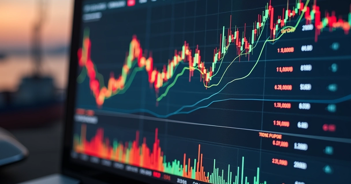 Tela de computador com gráfico de contratos futuros de minério de ferro subindo 