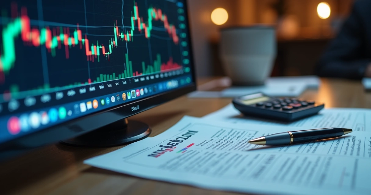 Tela de computador com gráfico de derivativos sobre mesa ao lado de contrato impresso 