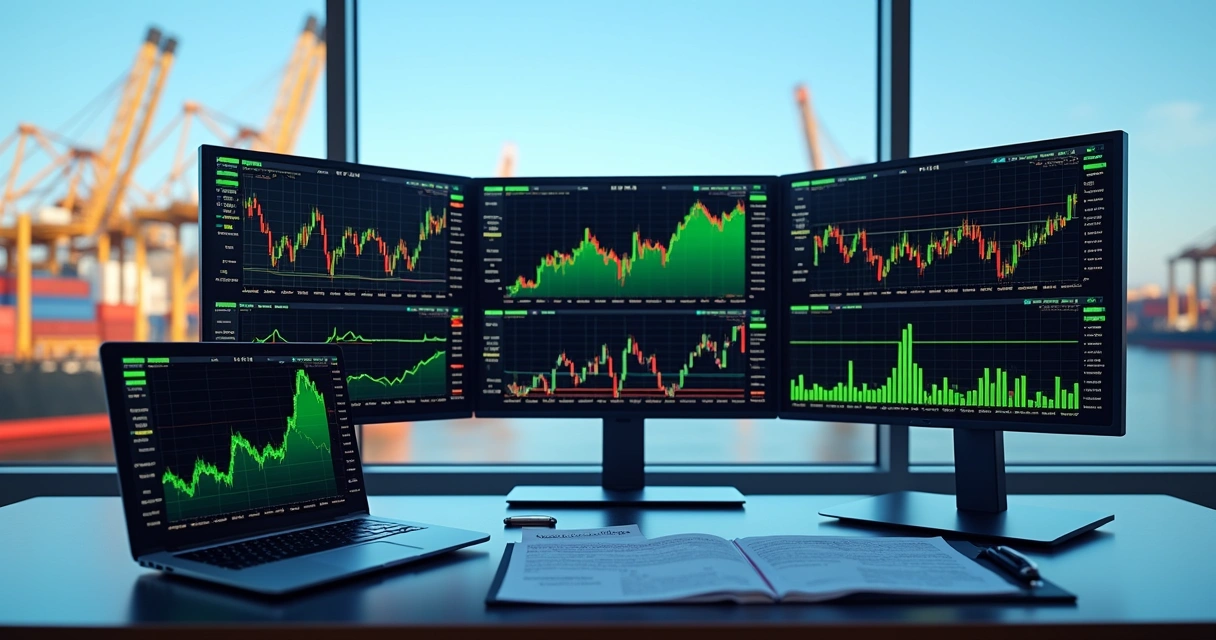 Mesa de negociação com gráficos financeiros mostrando contratos futuros e commodities brasileiras 