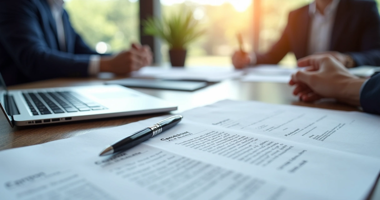Mesa de reunião com contratos imobiliários, laptop aberto e caneta, ambiente de escritório moderno e claro 