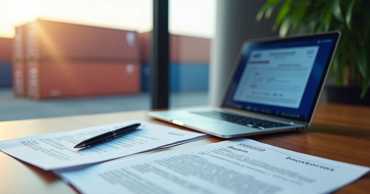 Mesa de escritório com documentos de contratos Incoterms, laptop aberto e caneta sobre madeira clara 