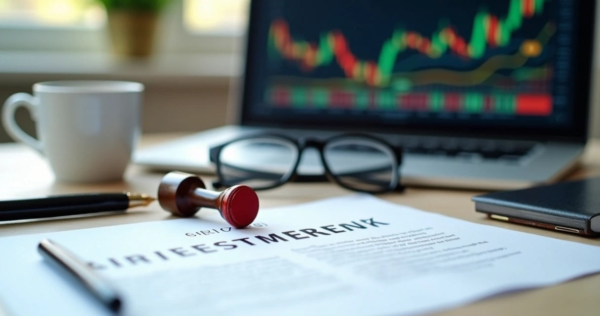 Mesa de escritório com contratos de investimento, caneta, carimbo e xícara de café 