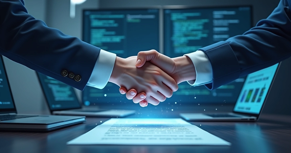 Ilustração de mãos apertando contratos transparentes em um cenário tecnológico. 
