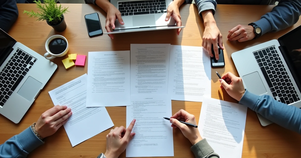 Vários contratos sobre uma mesa de madeira com mãos de freelancers revisando os papéis