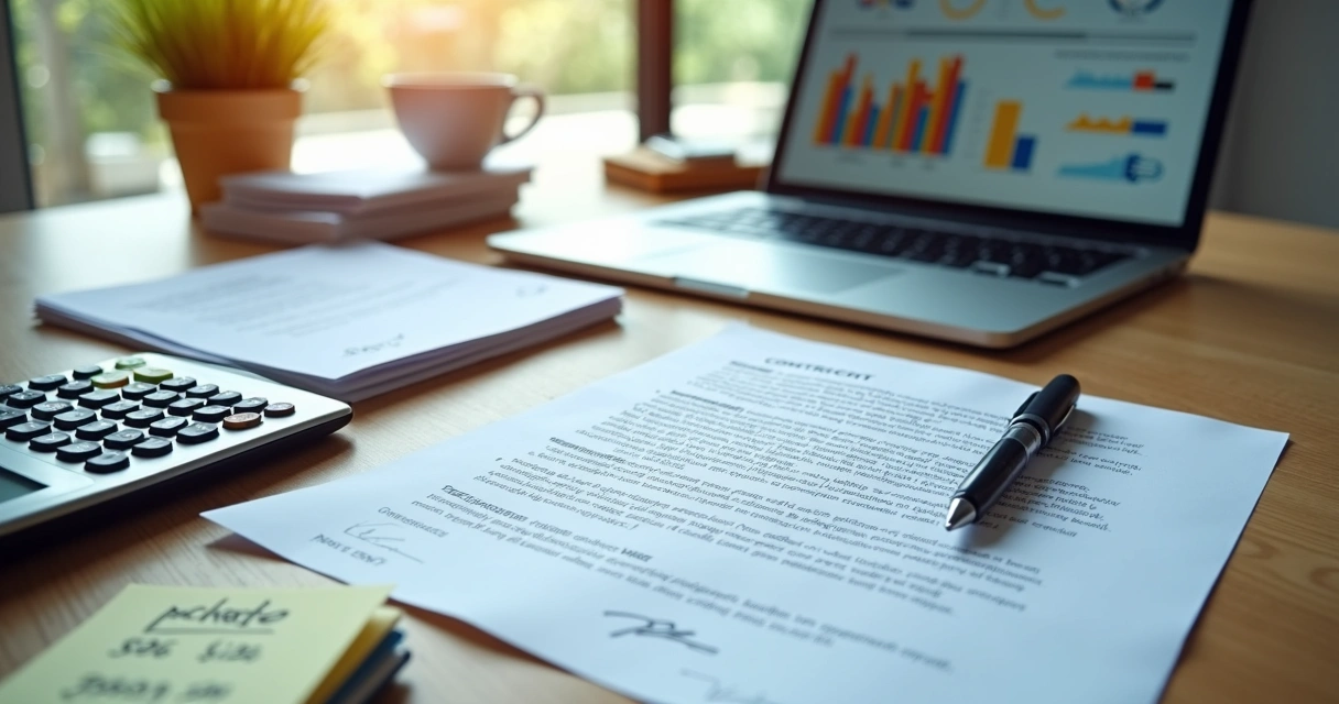 Mesa de agência com contrato impresso, calculadora e notebook abertos com gráficos financeiros 