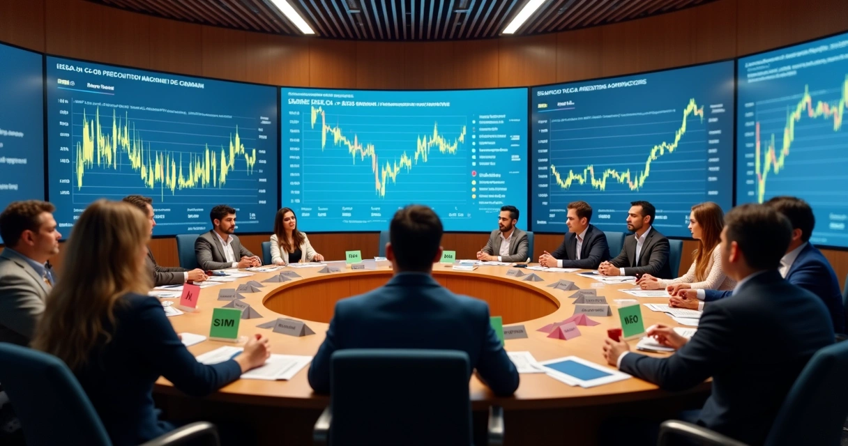 Pessoas em uma sala discutindo sobre resultados de previsões 