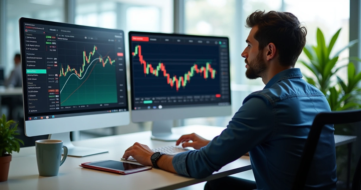 Pessoa negociando contratos de previsão em tela de computador com gráficos digitais