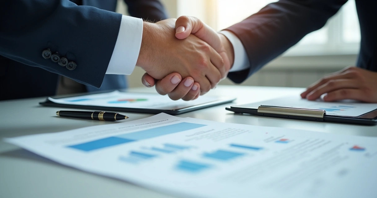 Mãos apertando em sinal de acordo com documentos de contrato sobre a mesa 