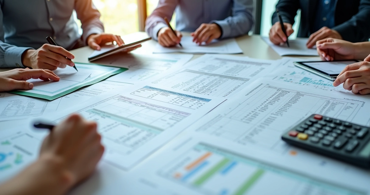 Mesa com contratos públicos e ofertas de preços lado a lado