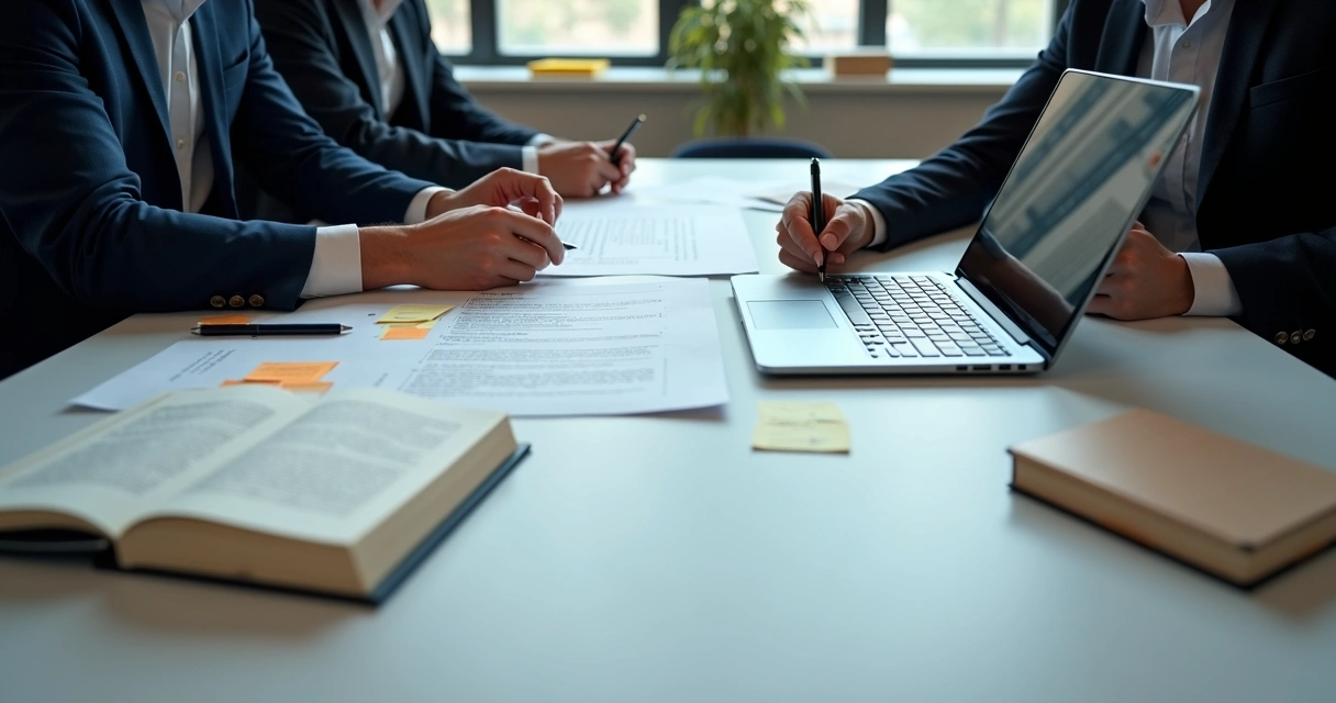 Mesa com advogados revisando contratos em papel e computador 