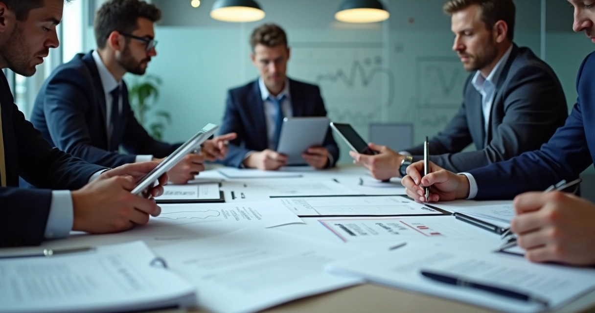 Reunião de executivos analisando contratos empresariais 