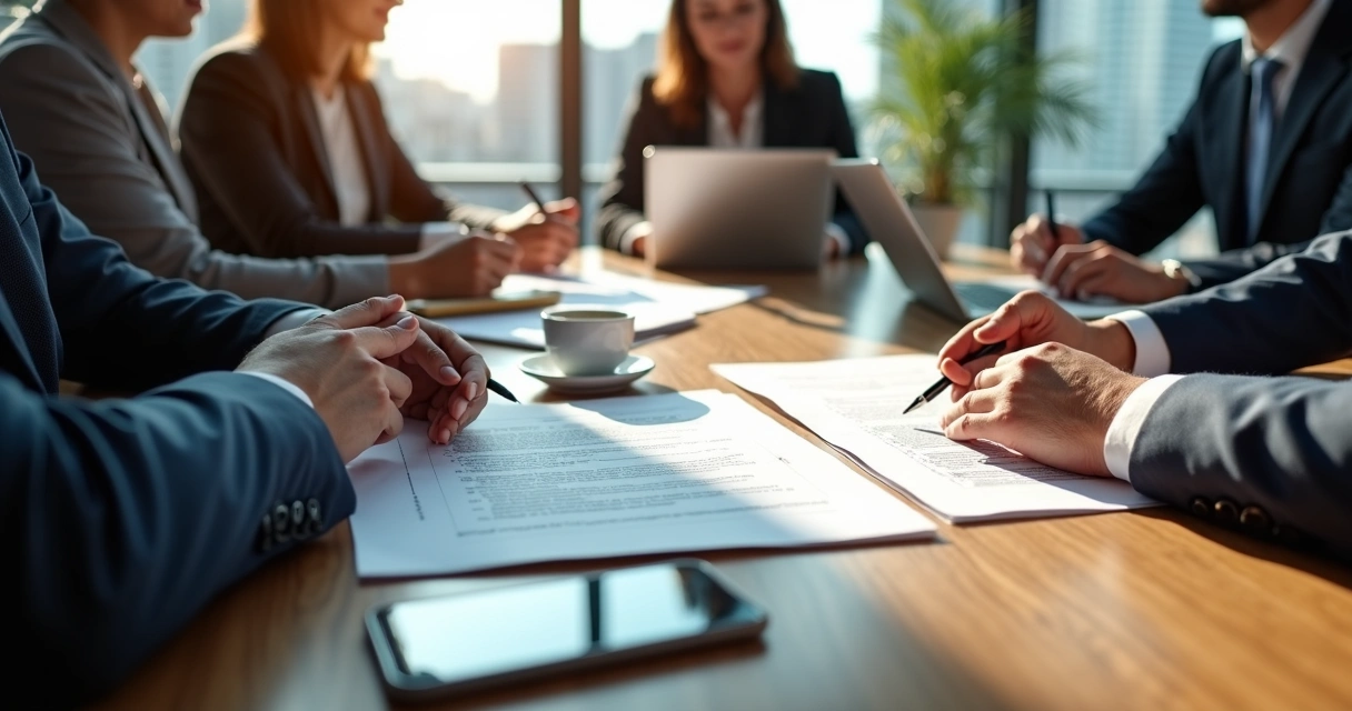 Mesa de reunião com profissionais analisando contratos imobiliários para incorporação, com laptop, documentos e canetas sobre a mesa 