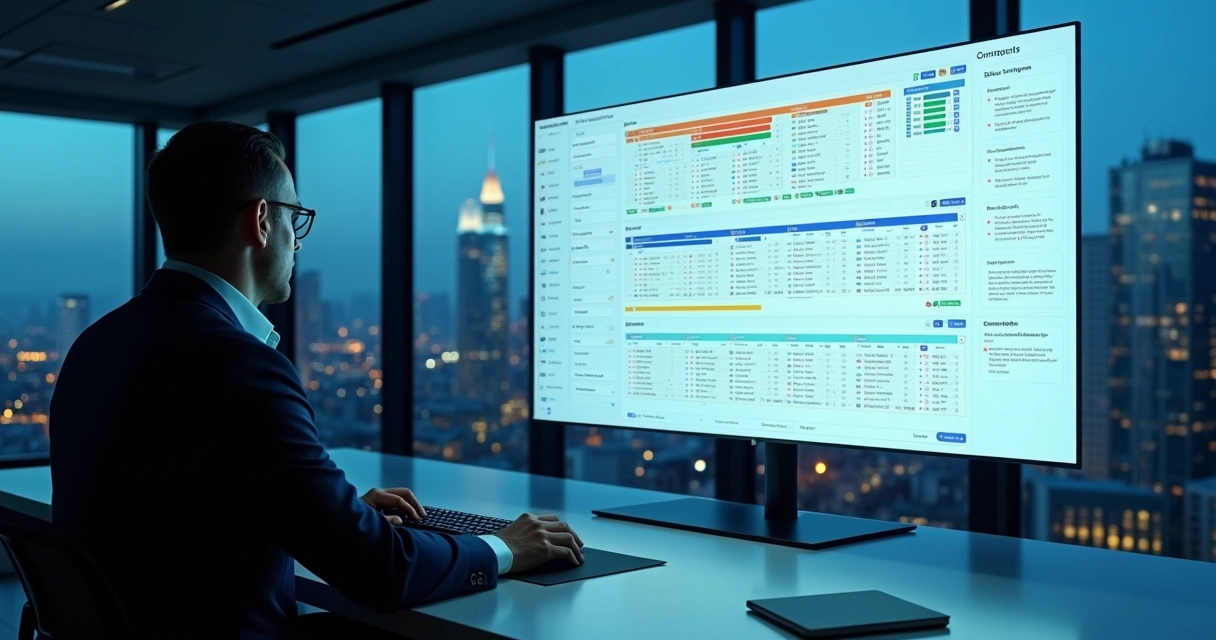 Profissional de TI analisando painel digital com contratos de fornecedores organizados 