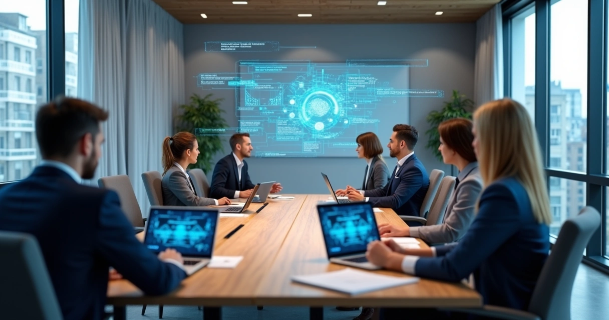 Mesa de reunião empresarial com pessoas discutindo contratos digitais em laptop e tablets, gráficos tecnológicos na tela, ambiente moderno com luz natural 