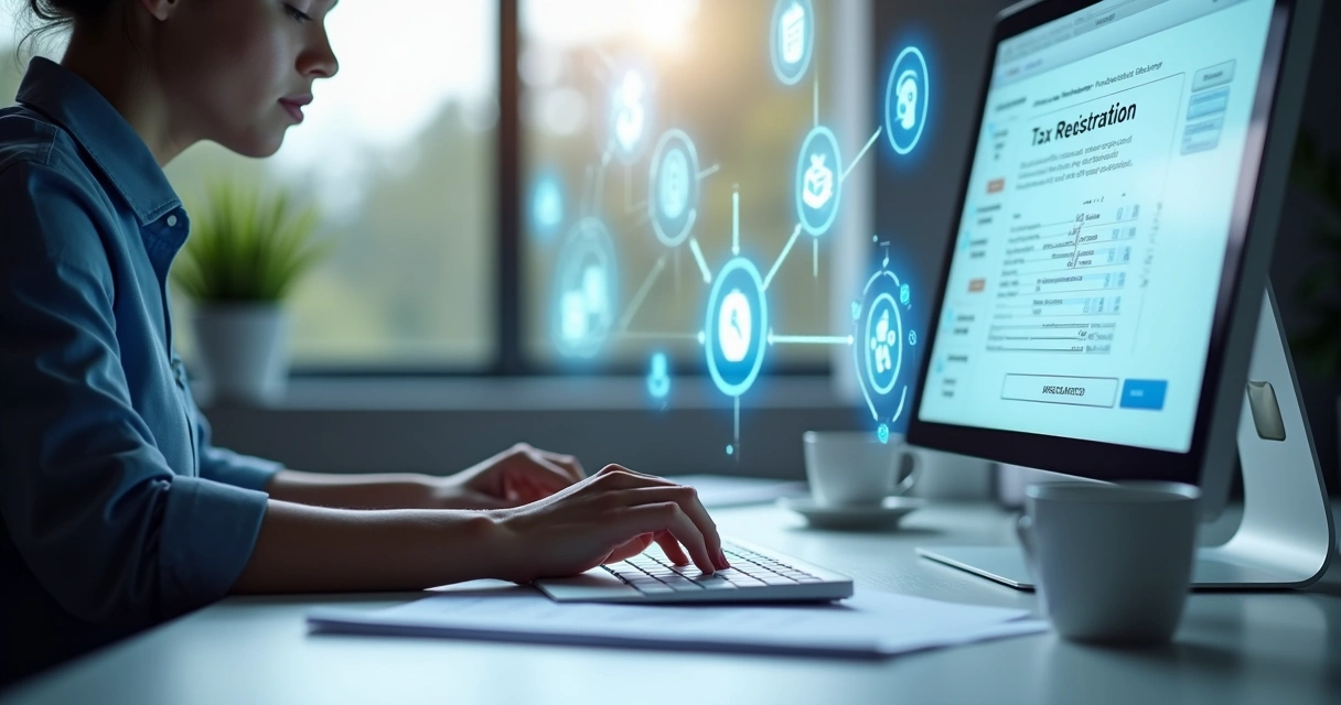 Pessoa preenchendo cadastro fiscal digital em computador com ícones de documentos e integrações 