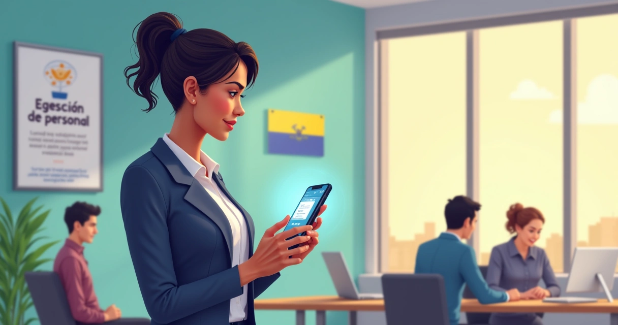 Empleado paraguayo usando una app para registrar asistencia laboral en oficina 