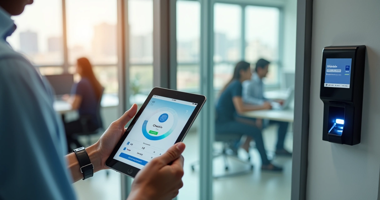 Empleado marcando asistencia digital en una tablet en una oficina moderna de Paraguay 