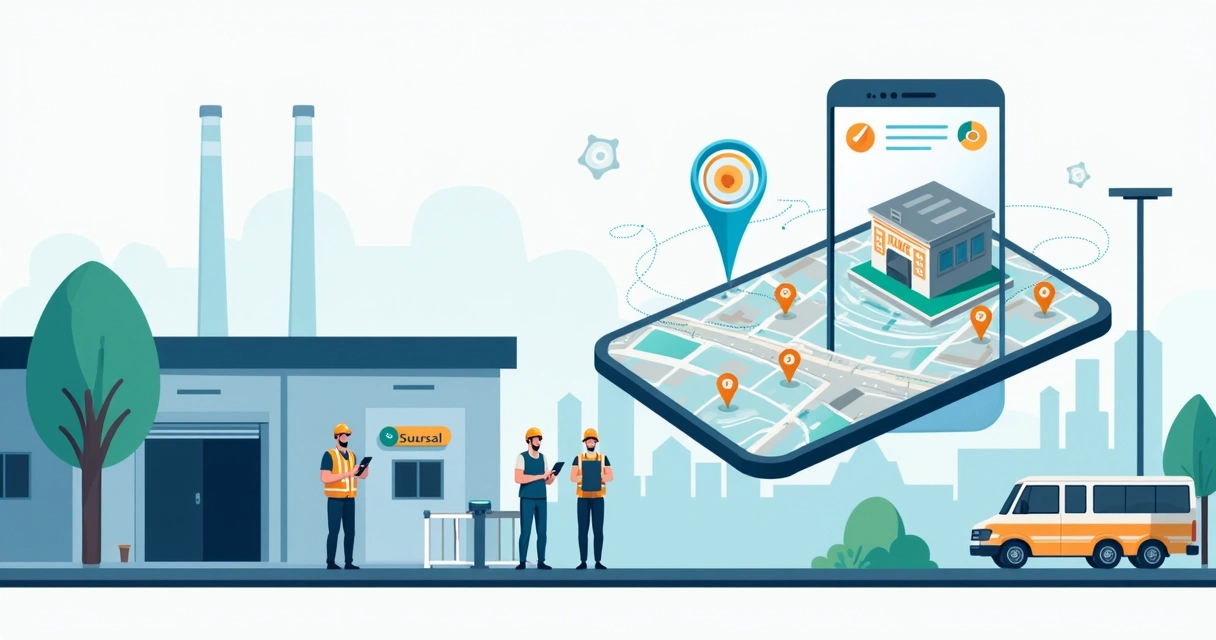 Mapa digital con puntos de geolocalización y entrada de fábrica con empleados fichando 
